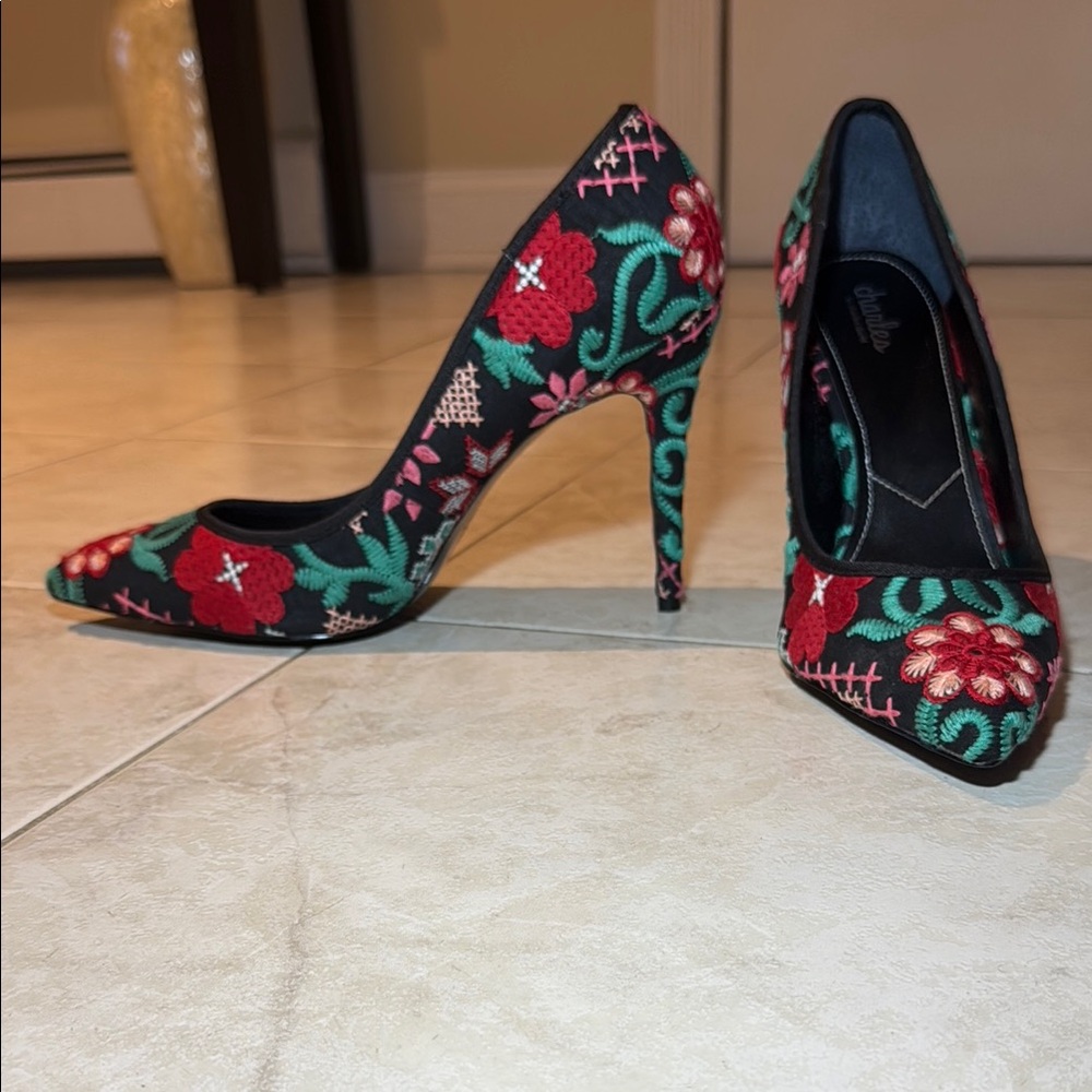 New -Charles David Pumps/ Heels with amazing embroidered Floral Design.